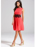 Coral Chiffon Black Lace Boat Neckline Short Prom Dress